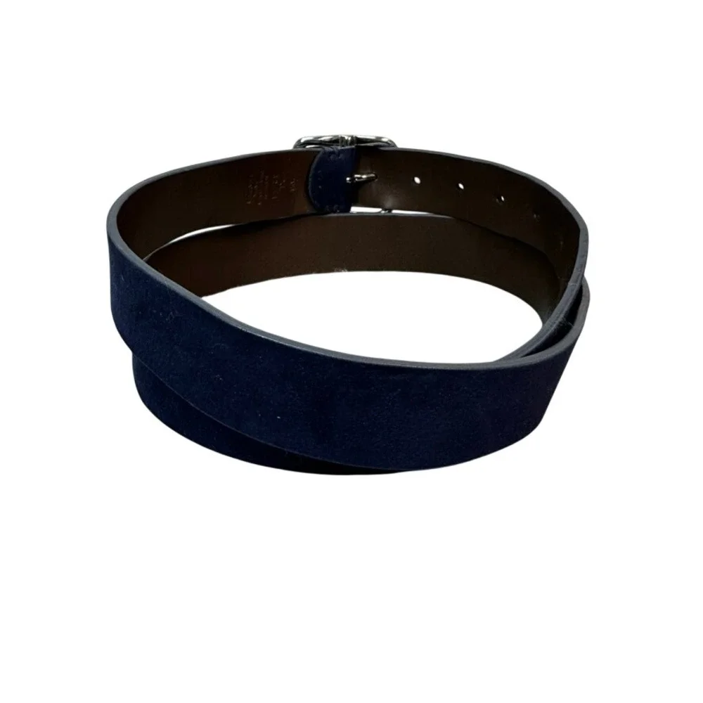 Navy Blue Faux Suede Leather Belt Mens XL 42-44 Silver Buckle Matte Finish